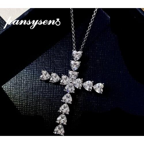PANSYSEN 100% 925 Sterling Silver Simulated Moissanite Diamond Cross Pendant Necklaces Women 18K White Gold Color Fine Jewelry