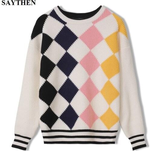 SAYTHEN2020 Autumn And Winter Knitted Pullover Womens Diamond Pattern Long-Sleeved Sweater New Fashion Trend Korean Version
