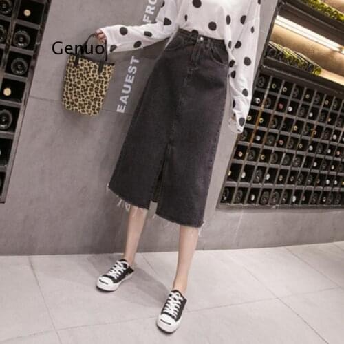 Plus Size Denim Skirt Women Black Split Vintage Slim Jeans Skirts Elegant Casual Street Saia Midi Faldas BF