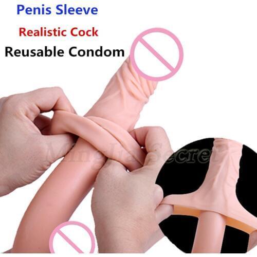 Realistic Penis Extender Sleeve Enlargement Male Reusable Condoms Artificial Dick Enlarger Delay Time Adult Sex Toys for Men