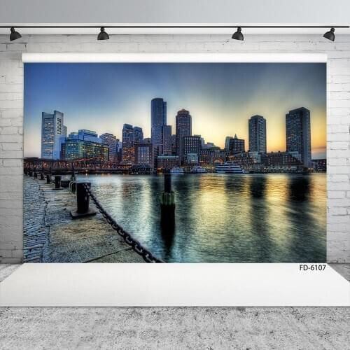 Modern Buildings River Road Ship Photo Backdrop Custom Vinyl Background Photography Props for Children Baby Portrait Photobooth