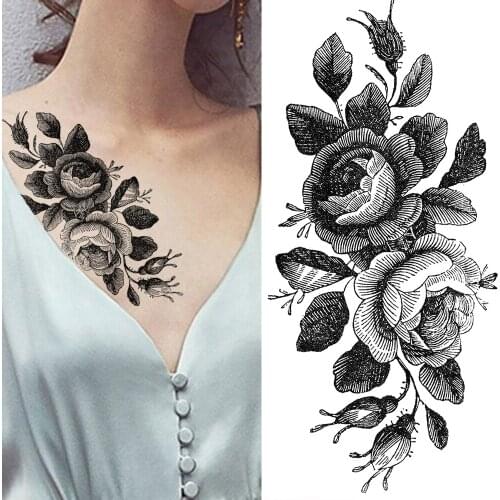 DIY Black Rose Temporary Tattoo Fake Waterproof Flower Tatoo For Holiday Party Realistic Body Art Chest Arm Tatoo For Women Girl