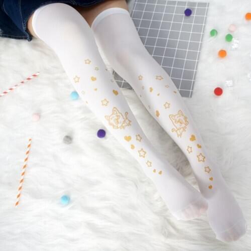 Japanese girl lovely meow star and hot stamping printing knee - high socks lolita thigh stockings