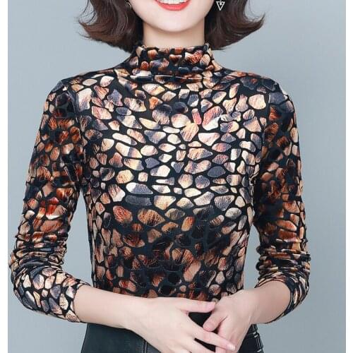 Half Turtleneck Long Sleve Velvet Tops Shirts Women Hollow Print Soft Bottoming Tee Shirt Autumn Winter Pullover Velour T-shirts