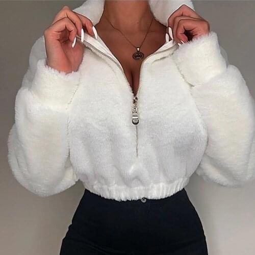 Women Casual Solid Color Loose Winter Warm Crop Tops Fully Stand-Neck Long Sleeve Zip-Up Pullover Sweatshirt for Girls White