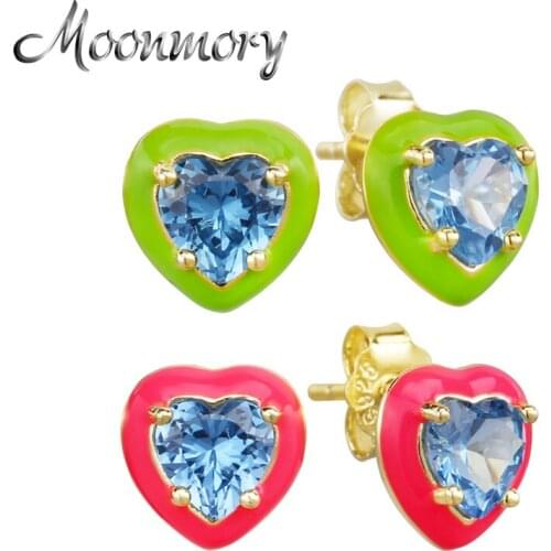Moonmory 100% 925 Sterling Silver Cubic Zircon Heart Sapphire Stud Earrings For Women Colorful Enamel European Pop Party Jewelry