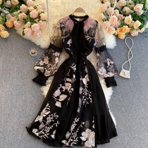 Women Flower Embroidered Dresses Lantern Sleeve Button Elegant Dress Casual Women Lace Party Dresses Spring Dress 2021