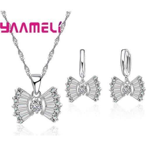 Gorgeous Sector Shape Luxury Clear CZ Women Wedding Accessory 925 Sterling Silver Jewelry Set Bowknot Style For Bride