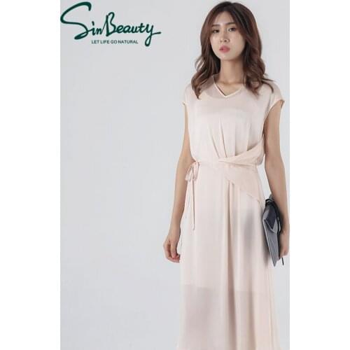 Sinbeauty Summer Women V-colored Knee Appearance Wind Casual Slim Tinsel With Dresses Grey Blue Light Pink