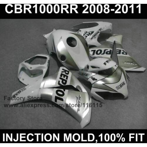 100% Fit fairing sets for HONDA CBR1000RR 2008 2009 2010 2011 Injection mold silver repsol cbr1000 rr 08 09 10 11 12 fairing