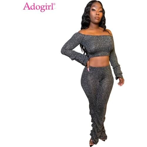 Adogirl Metallic Glitter Ruched Two Piece Set Women Fashion Sexy Off Shoulder Long Sleeve Crop Top Casual Pants Female Suits