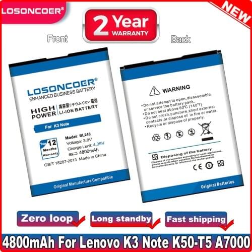 LOSONCOER 4800mAh BL243 Battery for Lenovo K3 Note Battery Lemon K3 K50-T3S K50-T5 A7000 A7600 A5600 A5500 A5860
