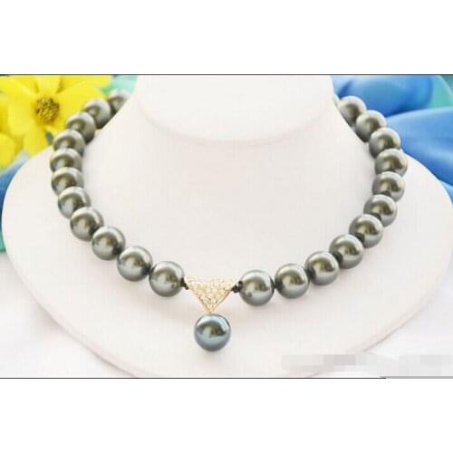 Free shipping >>>>>z6286 14mm Tahitian black round SOUTH SEA SHELL PEARL NECKLACE PENDANT 17inch
