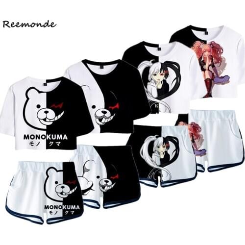 Game Danganronpa Monokuma Cosplay T-shirt Shorts Two Pieces Womens Sets Monokuma White Black Bear Cos Tees Girls Sportswear
