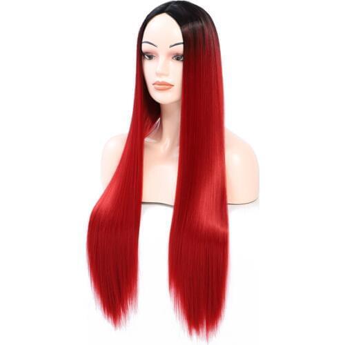 Gradient Red wine Colors Long Straight Hair Heat Resistant Natural Synthetic Wig Daily Party Cosplay Wigs