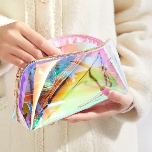 1 pcs Laser TPU shell cosmetic bag transparent waterproof dazzling color wash bag semi-circular storage bag