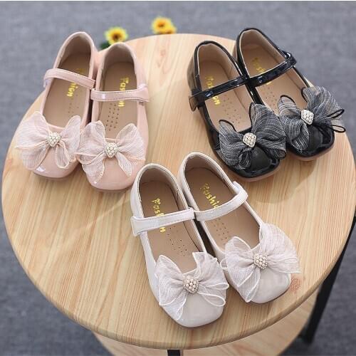 2020 Newest Autumn Girls Leather Shoes Children Girls Baby Princess Bowknot Sneakers Pearl Diamond Single Shoes Kids Dance Shoes