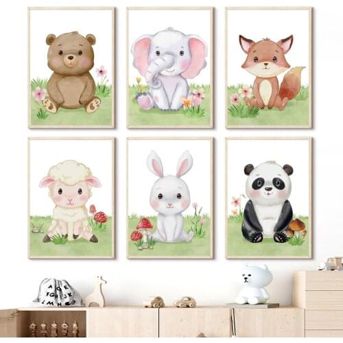 Meadow Bear Elephant Fox Rabbit Panda Nursery Wall Art Canvas Painting Nordic Posters And Prints Decor Pictures Baby Kids Room