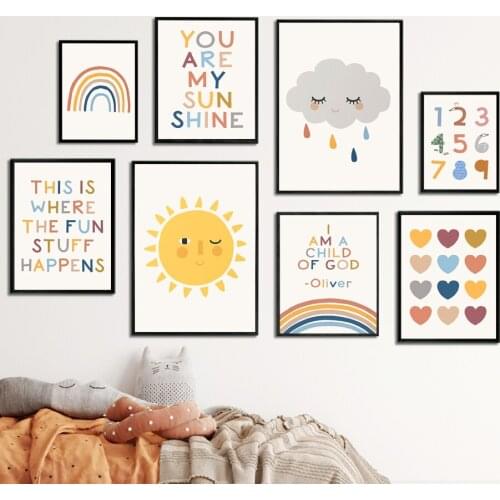 Rainbow Sun ABC Alphabet Cloud Numerals Wall Art Canvas Painting Nordic Posters And Prints Wall Pictures Kids Room Kawaii Decor