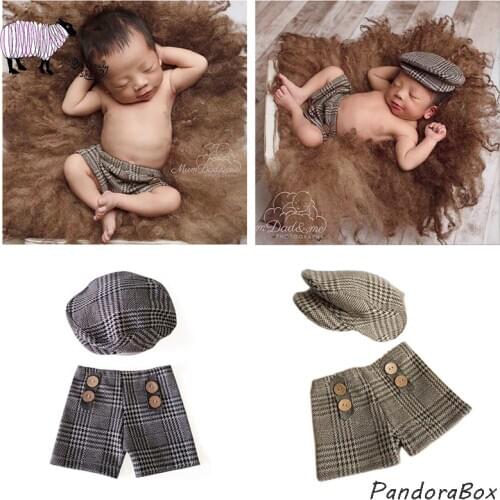 Newborn Photography Props Cap Clothes Sets Infant Baby Boys Photo Shoot Plaid Gentleman Hat+Pants Outfits foto Shooting Costume