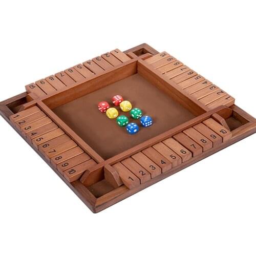 Deluxe Four Sided 10 Numbers Shut The Box Board Game Set Wooden Flaps & Dice Party Club Drinking Games For Adults Families