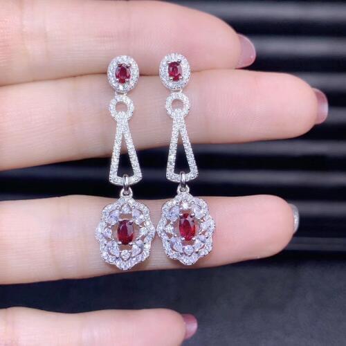 Natural blue sapphire drop earrings 925 silver natural red ruby earrings Stylish long Sun flower geometry women party jewelry