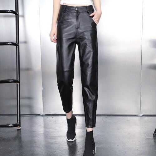 Chic womens spring autumn genuine leather harem pants high quality sheepskin leather ninth pant B039