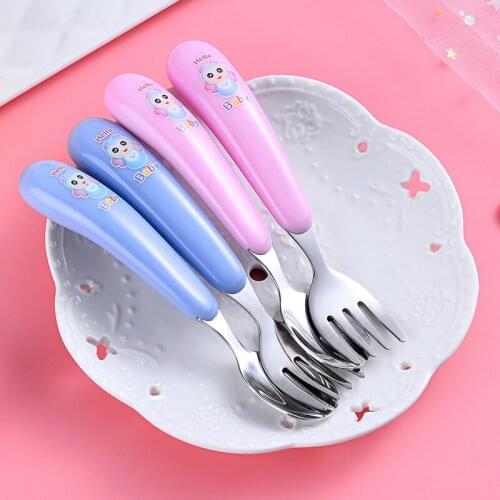 Utensils Lovely Bear Print Baby Kids Feeding Spoon + Fork High Quality Stainless steel Baby Spoon Flatware
