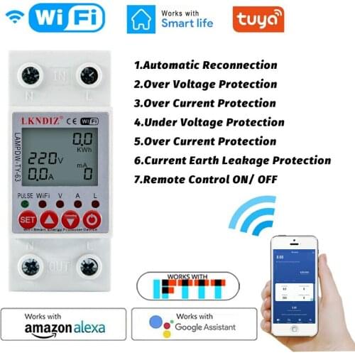 2P 63A WiFi TUYA APP Smart Circuit Earth Leakage Over Under Voltage Protector Relay Device Switch Breaker Energy Power kWh Meter