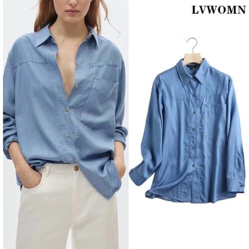 LVWOMN Spring Za Blouse Women 2021 Vintage Simple Tencel Buttons Shirts Woman Long Sleeve Office Pocket Casual Female Shirt Tops