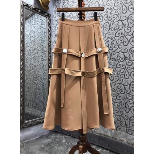 High Quality Designer Long Skirt 2021 Autumn Winter Style Women Elastic Waist Big Studs Deco Khaki Black Long Maxi Skirts Club