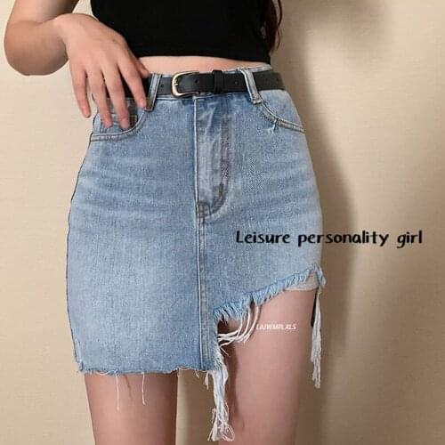 Retro Irregular Tassel Sexy Hip Skirt 2021 Retro style high waist New Tight Hip Stretch Denim Mini Skirt