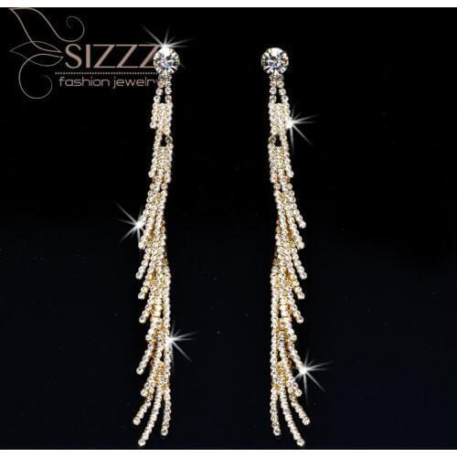 SIZZZ 2019 New full rhinestone tassel fashion long feathers shape drop earrings For Women