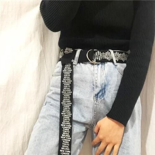 Women Men Canvas Belts Letter Printed D Ring Ladies Long Waist Strap Jeans Trouser Black Student Waistband Harajuku Punk