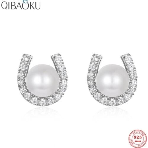 Sterling Silver 925 Stud Earrings for Women U-shaped Zircon Natural White Pearl Earrings Luxury Fine Ear Jewelry