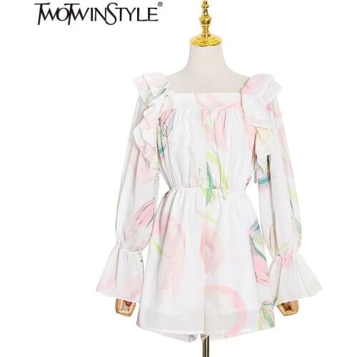 TWOTWINSTYLE Colorblock Elegant Playsuits For Female Square Collar Lantern Long Sleeve Gathered Waist Casual 2021 Women Playsuit