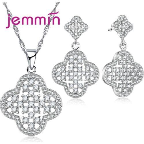 Hollow Four Petal Flowers Jewelry Set 925 Sterling Silver Necklace/Earrrings Fine Jewelry For Women Minimalist Design