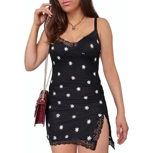 AECU Women Mini Dresses Spaghetti Strap Print Embroidery Lace Sexy Bodycon Dress Split Summer Short Dress Strapless Sexy Dress