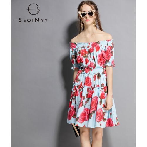 SEQINYY Printed Dress 2018 European New Flowers Rose Printed Elastic Slash Neck Short Sleeve Light Blue Mini Dress
