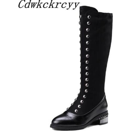 Winter New style fashion British style Round head Square following rivet High Boots thickening Keep warm personality Women Boots