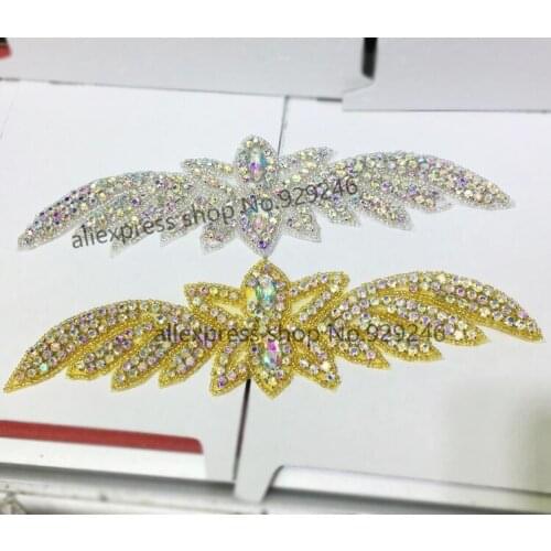 2pc/lot fashion wing-shape AB crystal rhinestone applique gold base crystal trimmings for dress shoes garments bags decoration