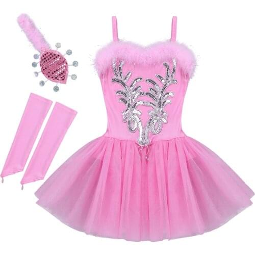Ballet Dress Kids Girls Spaghetti Shoulder Straps Sequined Dance Leotard Tutu Dresses with Gloves Hair Clip Performance Costume