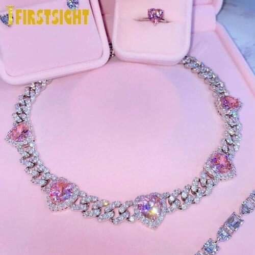 Iced Out Bling 11mm CZ Miami Cuban Link Chain Heart Necklace Silver Color AAA CZ White Pink Hearts Choker Women Hip Hop jewelry