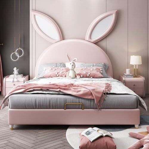 Childrens bed girl princess bed girls room solid wood frame single net red rabbit bed furniture leather bed leather 1.5m