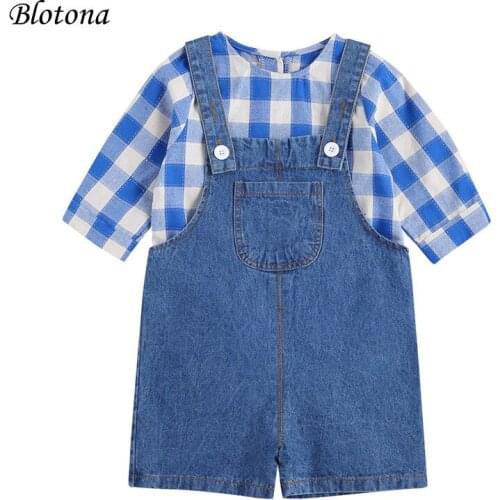 Blotona Childrens 2Pcs Set, Girls Plaid Shirt Crew Neck Long Sleeve Blouse Top Denim Pocket Button Overalls Shorts 0-3Years