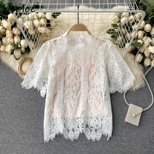 Neploe Elegant Lace Hollow Out Design Sexy Blouse Women O Neck Pullover Short Sleeve Blusas Summer 2021 Hook Flower Shirt Solid