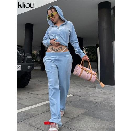 Kliou Casual Letter Two Piece Set Women Autumn Hoodied Diamonds Velour Jacket+Softy Pants Matching Outfit Concise Classic Outfit