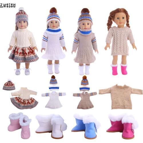 Doll Clothes 2 Pcs Sweater+Knitted Hat & Plush Boots For 18 Inch American Doll & 43 Cm Born Doll For Generation Girl`s Christmas