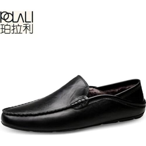 POLALI Superstar Mens casual driving shoes Slip-on light loafers 2018 Autumn leather soft moccasins flats black Plus sizes 46