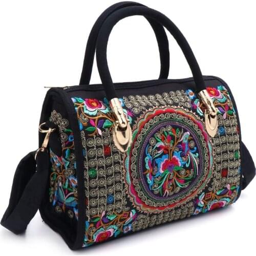 Women Floral Embroidered Handbag Ethnic Boho Canvas Shopping Tote Zipper Bag 20CA